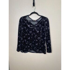 LeLe Womens Black Floral Velvet Long Sleeve Top V-Neck L Elegant Lightweight